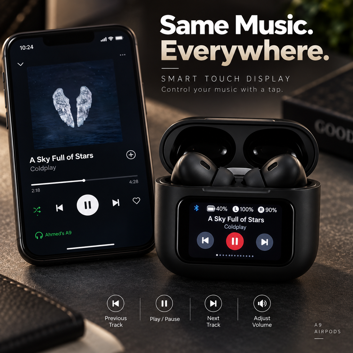 A9 AirPods with smart touch display beside a smartphone playing music, showcasing wireless music controls for play, pause, track selection, and volume adjustment.