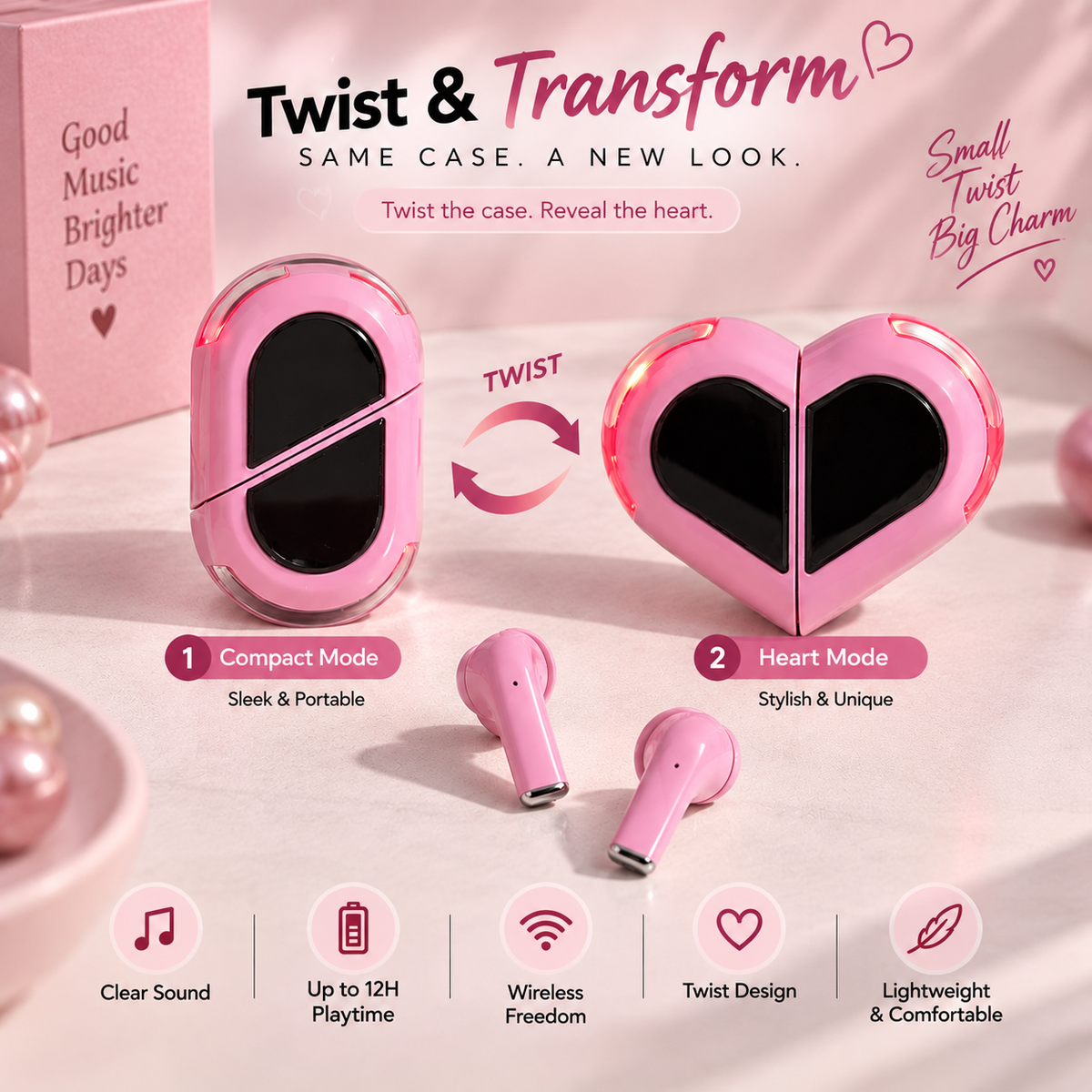 Pink Love 01 TWS wireless earbuds showing the twist-and-transform charging case from compact mode to heart mode, with up to 12-hour playtime, wireless design, twist styling, and lightweight comfort.