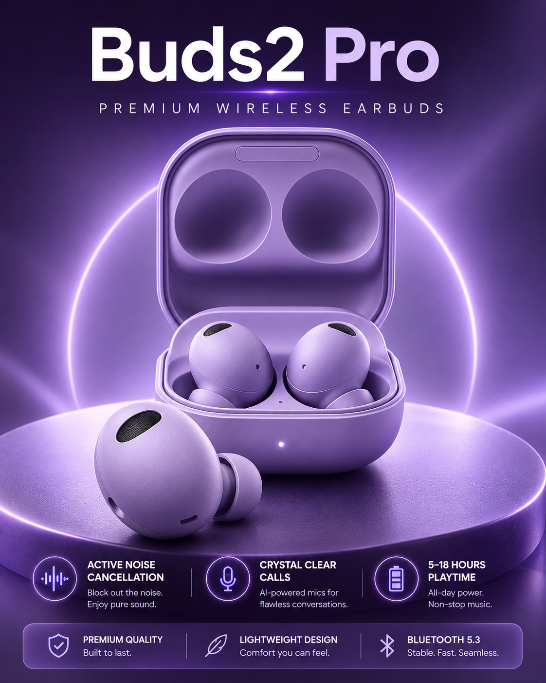 Purple Buds2 Pro wireless earbuds with open charging case displayed on a glowing purple background.