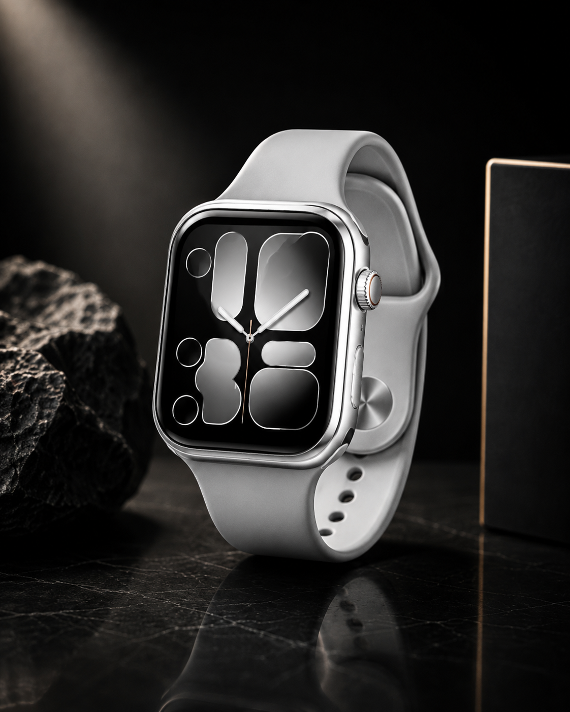 Series 11 smartwatch 46mm with silver case and light gray strap on a dark premium background