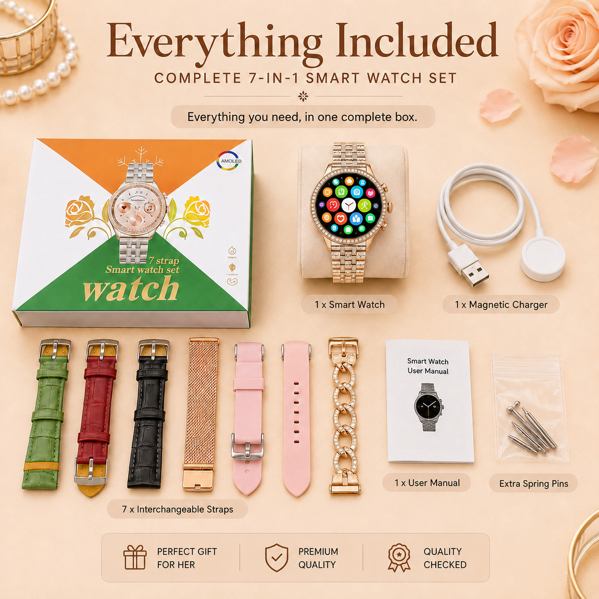 7-in-1 ladies smart watch set with crystal gold-tone watch, seven interchangeable straps, magnetic charger, user manual, and extra spring pins.