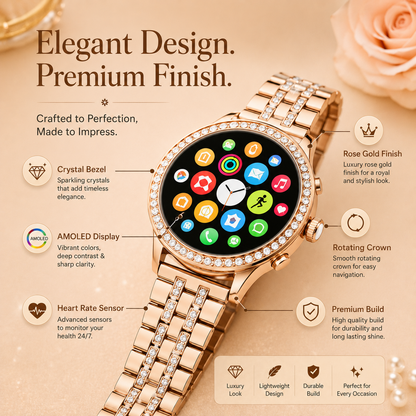 Rose gold 7-in-1 ladies smartwatch with crystal-studded bezel and bracelet, AMOLED display, heart rate sensor, rotating crown, and premium metal finish.