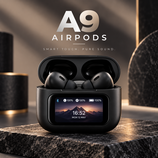 Premium black A9 AirPods with smart touchscreen charging case, open earbuds, and “Smart Touch. Pure Sound.” branding on a dark luxury stone background.