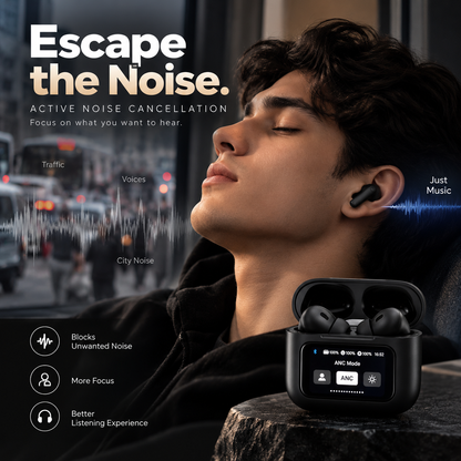 Active noise cancellation A9 AirPods with smart touchscreen charging case, shown with a person enjoying music while traffic and city noise are blocked for a focused listening experience.