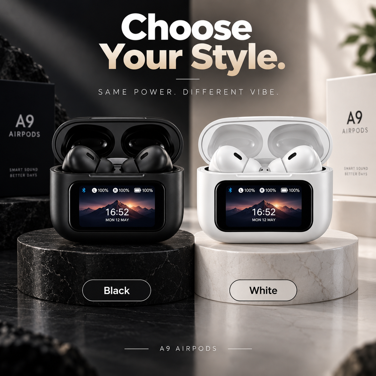 A9 AirPods comparison showing black and white variants with smart touchscreen charging cases, displayed side by side on premium black and white marble platforms.