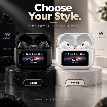 A9 AirPods comparison showing black and white variants with smart touchscreen charging cases, displayed side by side on premium black and white marble platforms.