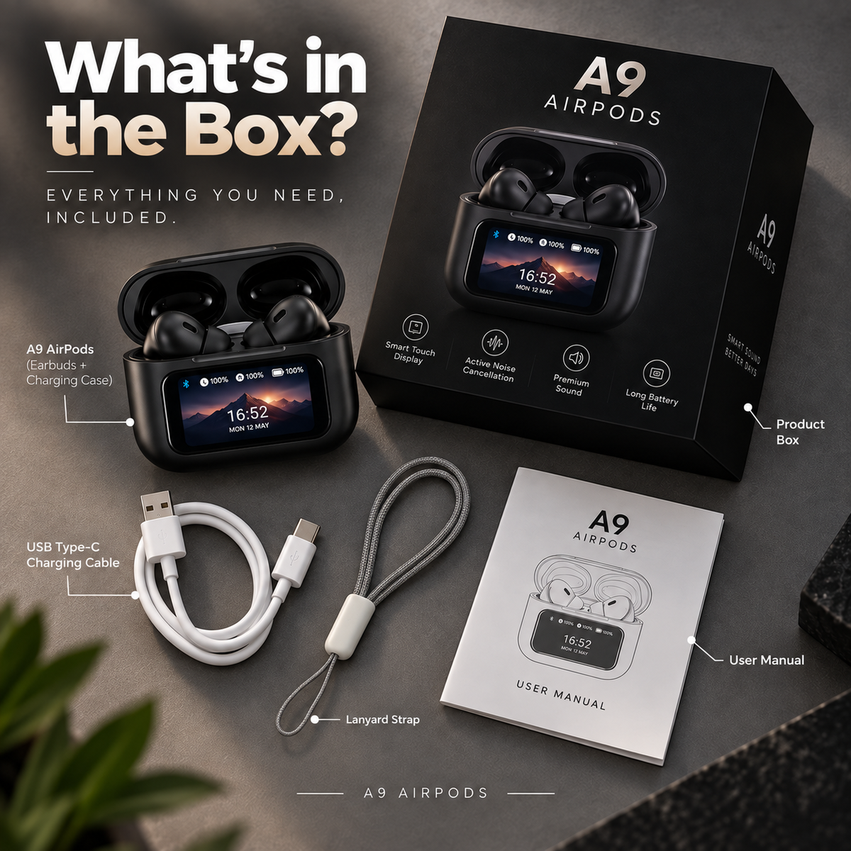 A9 AirPods unboxing setup featuring black A9 AirPods with touchscreen charging case, product box, USB Type-C charging cable, grey lanyard strap with white connector, and user manual.
