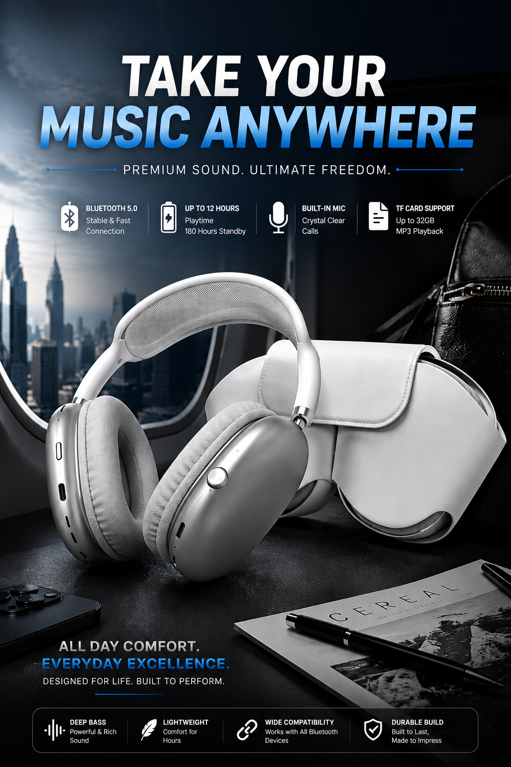 AirPods Max-style wireless headphones with a matching protective case in a dark travel-themed setting, highlighting Bluetooth 5.3, long battery life, crystal-clear calls, and TF card support.