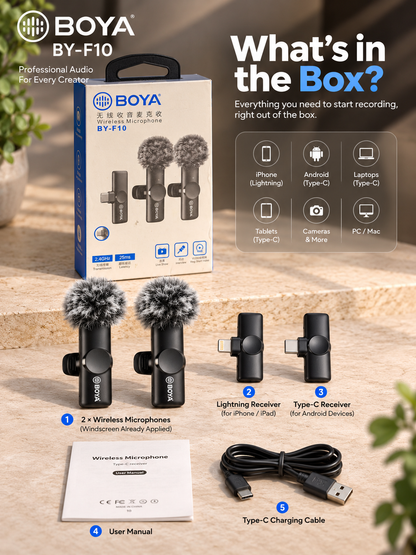BOYA BY-F10 wireless microphone kit with microphones, receivers and accessories