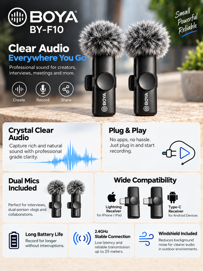BOYA BY-F10 wireless microphone features including clear audio, plug and play and dual microphones infographic promotional image.