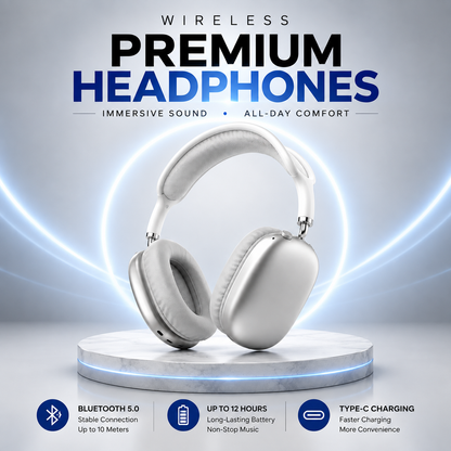 White AirPods Max wireless over-ear headphones displayed on an illuminated premium pedestal.