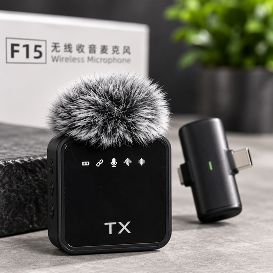 F15 wireless microphone transmitter with furry windscreen and USB-C receiver