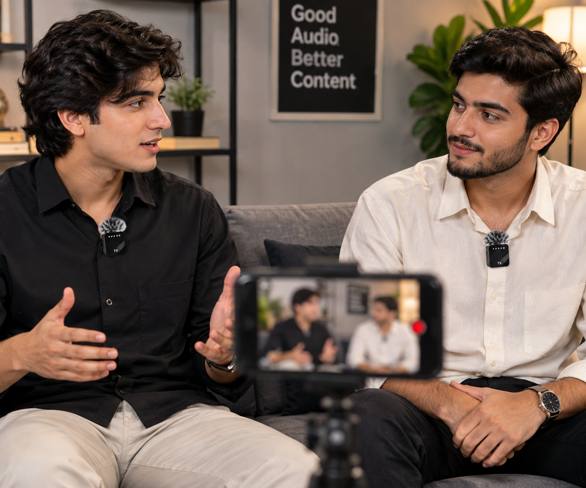 Two people wearing F15 wireless lavalier microphones while recording an interview with a smartphone