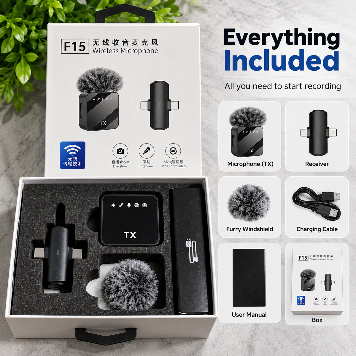 F15 wireless microphone kit with transmitter, USB-C receiver, furry windshield, charging cable, user manual and retail box