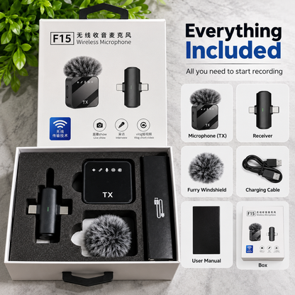 F15 wireless microphone kit with transmitter, USB-C receiver, furry windshield, charging cable, user manual and retail box