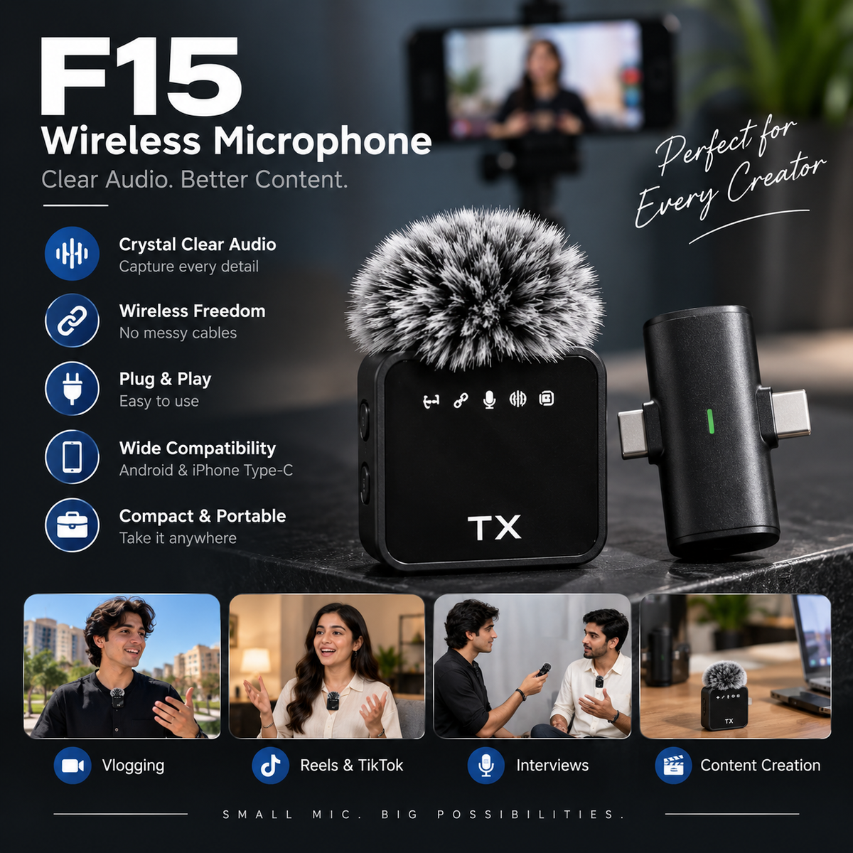 F15 wireless microphone with transmitter, USB-C receiver and furry windscreen featuring wireless audio, plug-and-play and content creation uses