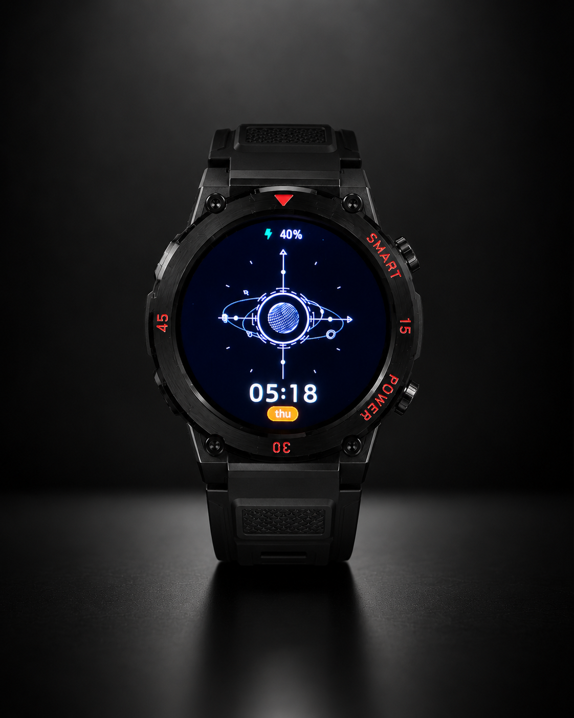 GT11 black rugged smartwatch with HD display on a premium dark background