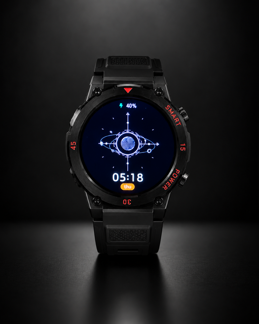 GT11 black rugged smartwatch with HD display on a premium dark background