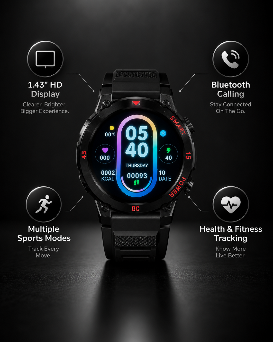 GT11 smartwatch featuring 1.43 inch HD display, Bluetooth calling, sports modes and health tracking