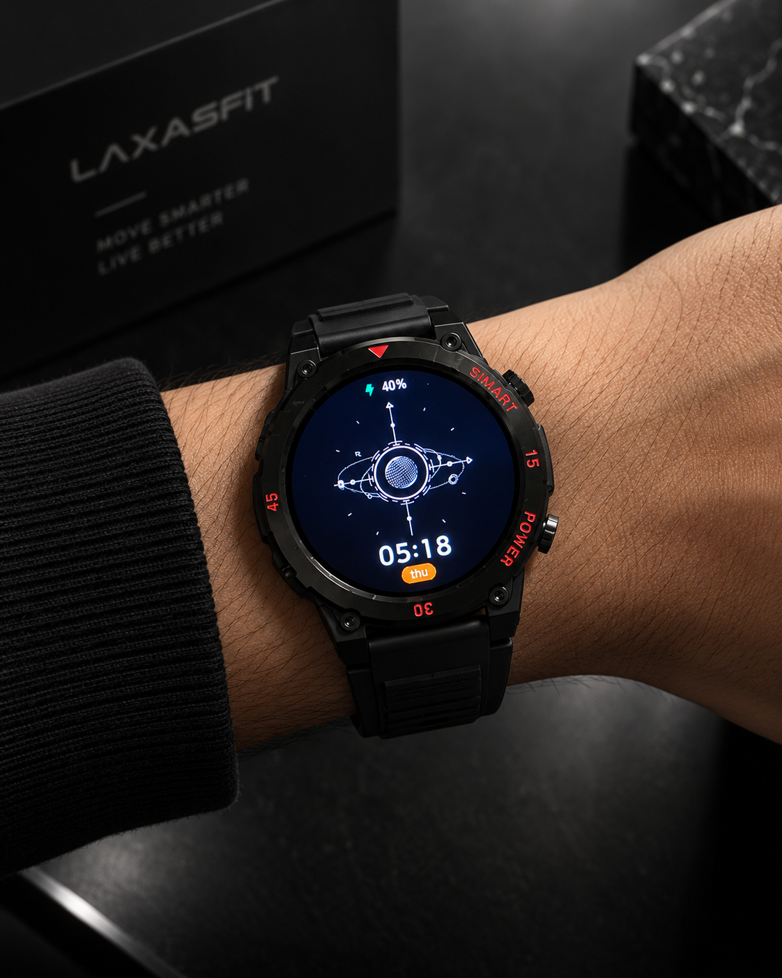 GT11 smartwatch worn on wrist with HD display and rugged black design