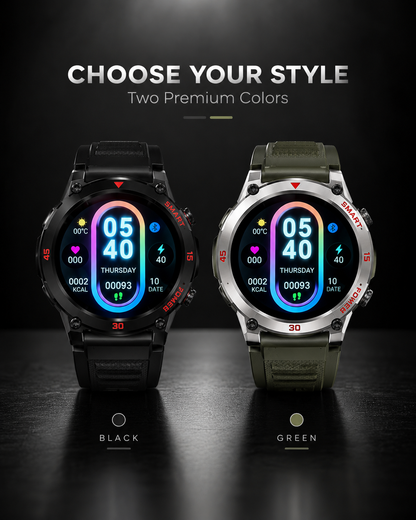 GT11 smartwatch available in black and green color options with premium rugged design