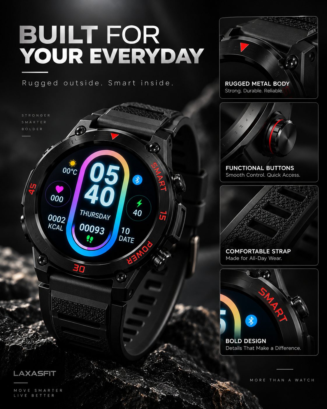 GT11 rugged smartwatch showcasing durable metal body, functional buttons and comfortable strap