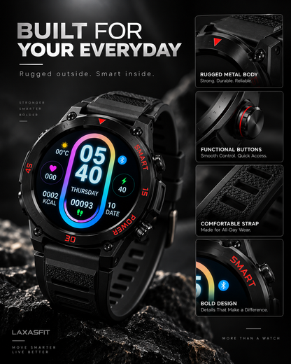 GT11 rugged smartwatch showcasing durable metal body, functional buttons and comfortable strap