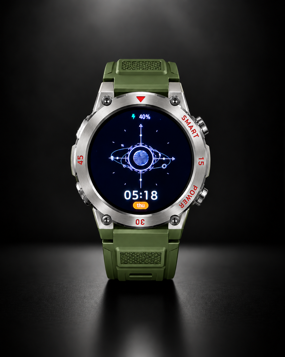 GT11 green rugged smartwatch with HD display on a premium dark background