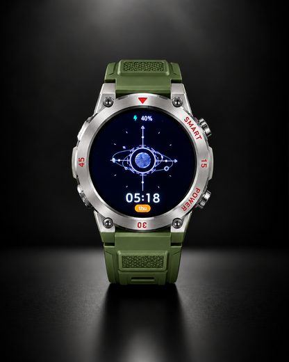 GT11 green rugged smartwatch with HD display on a premium dark background