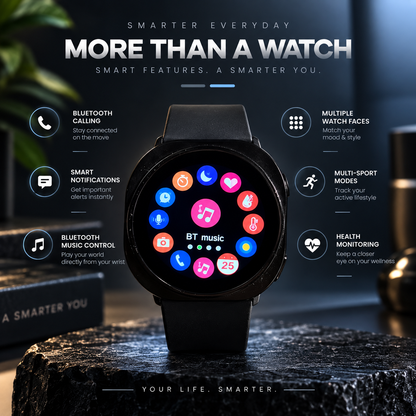 LAXASFIT 44mm black smartwatch showing colorful smart app interface with Bluetooth calling and health features