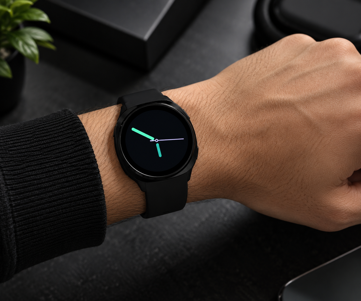 LAXASFIT 44mm black smartwatch worn on wrist with sleek round design and comfortable strap
