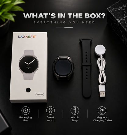 LAXASFIT 44mm smartwatch packaging with smartwatch, black strap and magnetic charging cable