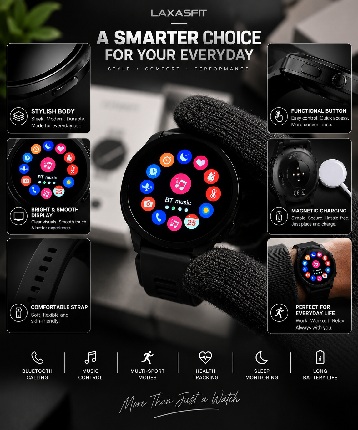 LAXASFIT 44mm black smartwatch featuring stylish body, bright display, comfortable strap and magnetic charging