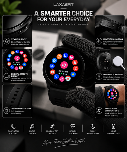 LAXASFIT 44mm black smartwatch featuring stylish body, bright display, comfortable strap and magnetic charging