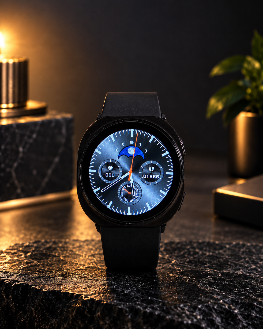 LAXASFIT 44mm silver smartwatch with premium black strap and analog-style digital display