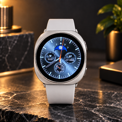 LAXASFIT 44mm silver smartwatch with premium black strap and analog-style digital display