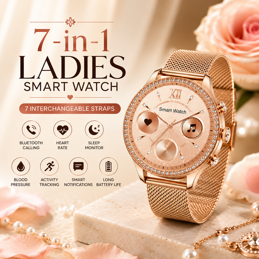 Rose gold 7-in-1 ladies smart watch with mesh strap, crystal bezel and interchangeable straps, featuring Bluetooth calling, health monitoring, activity tracking and smart notifications.
