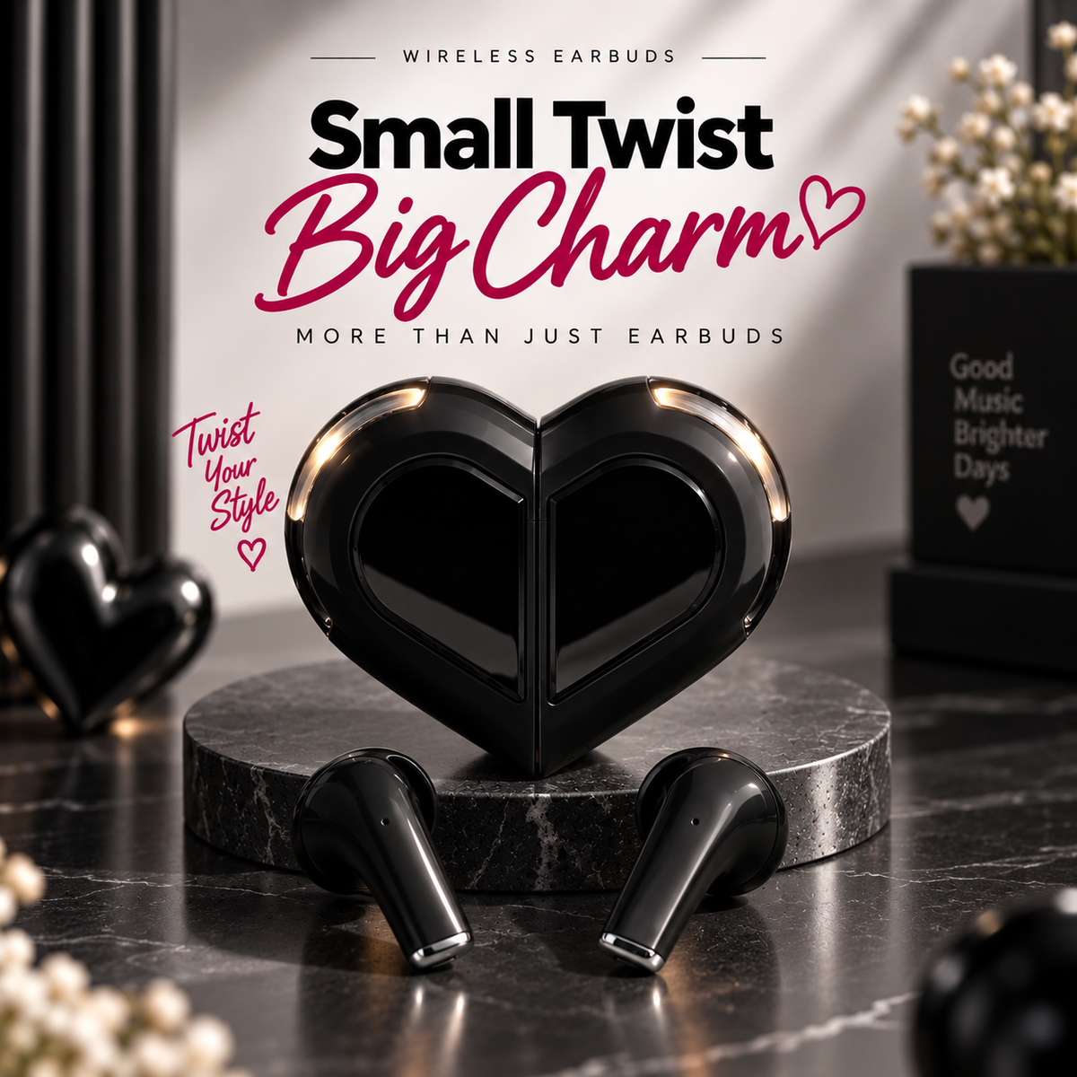 Black heart-shaped Love 01 wireless earbuds with twistable charging case, displayed with matching earbuds on a soft black & white premium background.