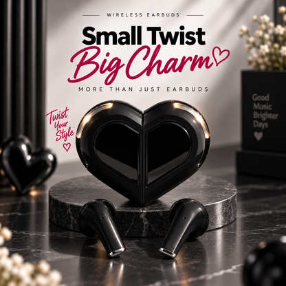 Black heart-shaped Love 01 wireless earbuds with twistable charging case, displayed with matching earbuds on a soft black & white premium background.