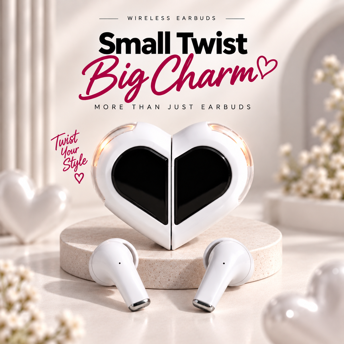 White heart-shaped Love 01 wireless earbuds with twistable charging case, displayed with matching earbuds on a soft white premium background.