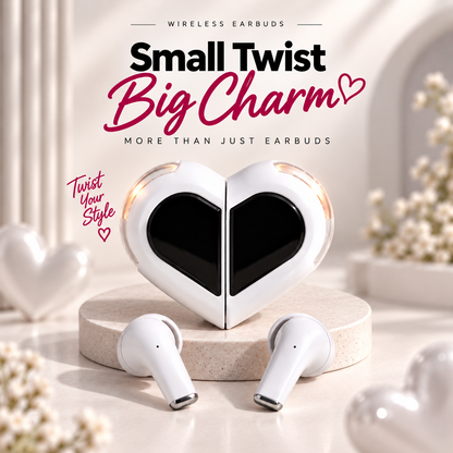 White heart-shaped Love 01 wireless earbuds with twistable charging case, displayed with matching earbuds on a soft white premium background.
