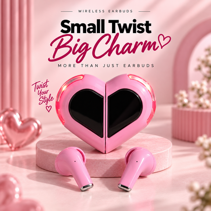 Pink heart-shaped Love 01 wireless earbuds with twistable charging case, displayed with matching earbuds on a soft pink premium background.