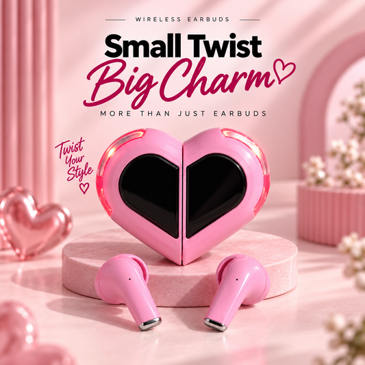 Pink heart-shaped Love 01 wireless earbuds with twistable charging case, displayed with matching earbuds on a soft pink premium background.