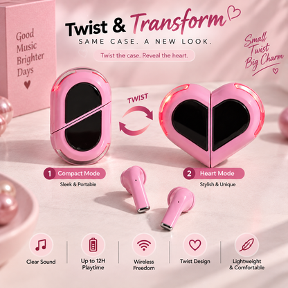 Pink Love 01 TWS wireless earbuds showing the twist-and-transform charging case from compact mode to heart mode, with up to 12-hour playtime, wireless design, twist styling, and lightweight comfort.