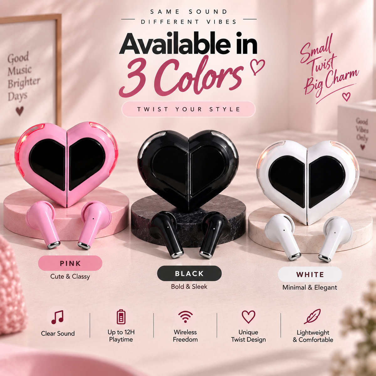 Love 01 heart-shaped TWS wireless earbuds displayed in three colors—pink, black, and white—with twistable charging cases, up to 12-hour playtime, wireless design, and lightweight styling.