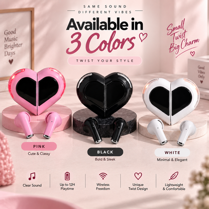 Love 01 heart-shaped TWS wireless earbuds displayed in three colors—pink, black, and white—with twistable charging cases, up to 12-hour playtime, wireless design, and lightweight styling.