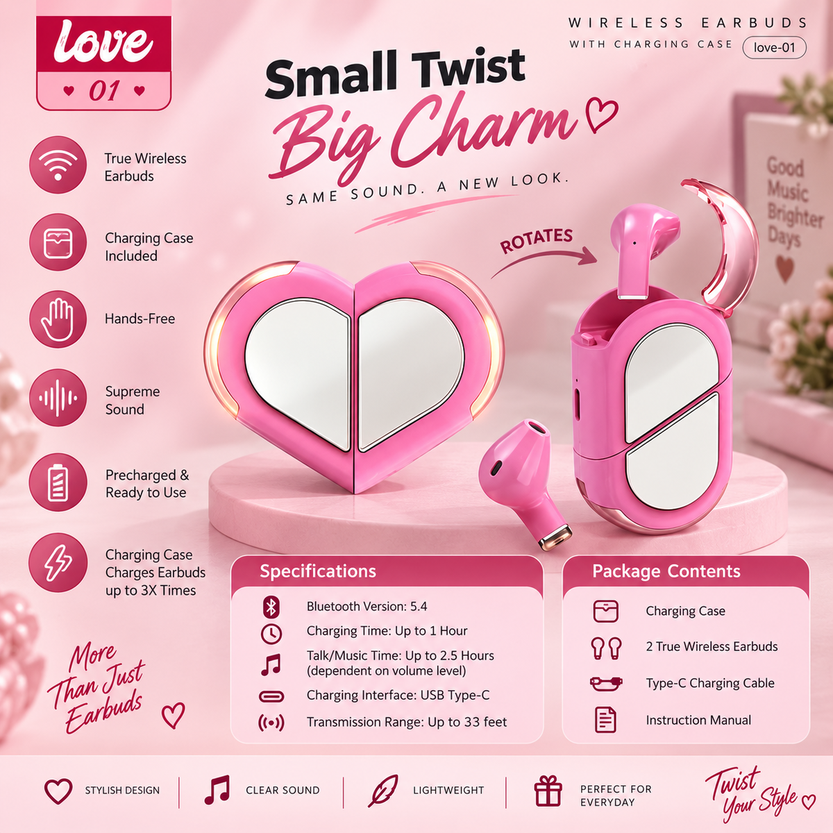 Love 01 pink heart-shaped TWS wireless earbuds with twistable charging case, Bluetooth 5.4, Type-C charging, up to 12-hour playtime, and included charging case and cable.
