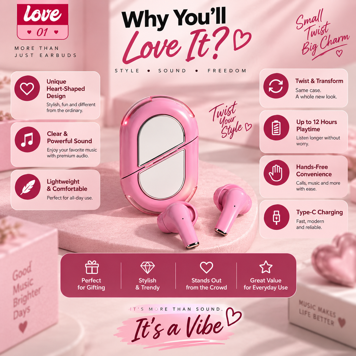 Pink LOVE-01 wireless earbuds with heart-shaped charging case displayed in a premium pink setting, featuring twist-and-transform design, clear sound, up to 12 hours of playtime, hands-free convenience, Type-C charging, and lightweight comfort.