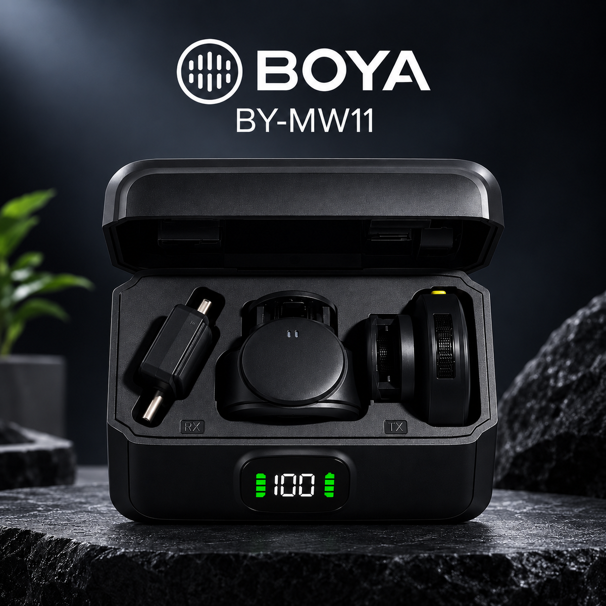BOYA BY-MW11 wireless microphone system with dual microphones and charging case