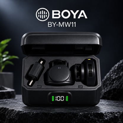 BOYA BY-MW11 wireless microphone system with dual microphones and charging case